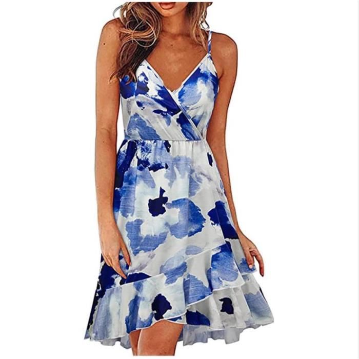 Robe D'été Décontractée Sans Manches à Volants Pour Femme, Col Rond, Coupe Trapèze, Mini Robe Courte Plissée, Robe Fluide à Volants, Vert, XL | FR