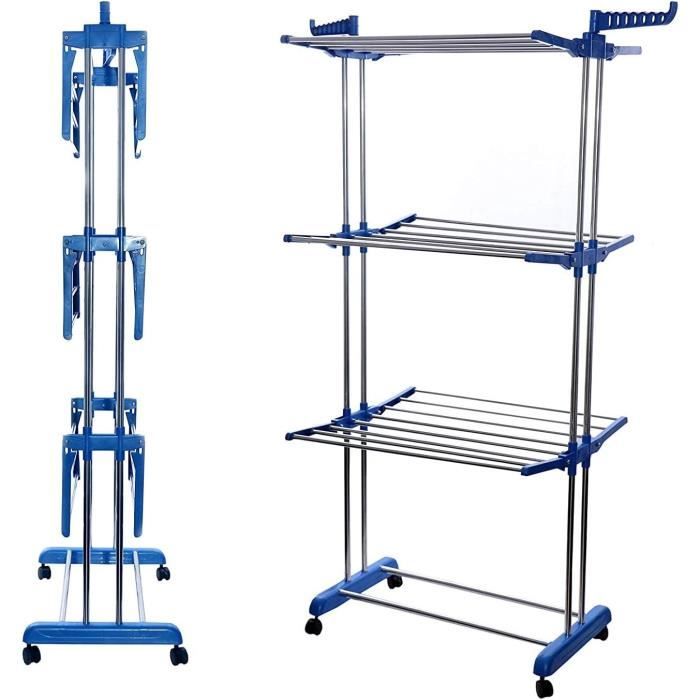 Étendoir à Linge Pliable TecTake 4 Niveaux Avec Roulettes - 64 Pinces, Capacité 16 Kg, Intérieur/extérieur