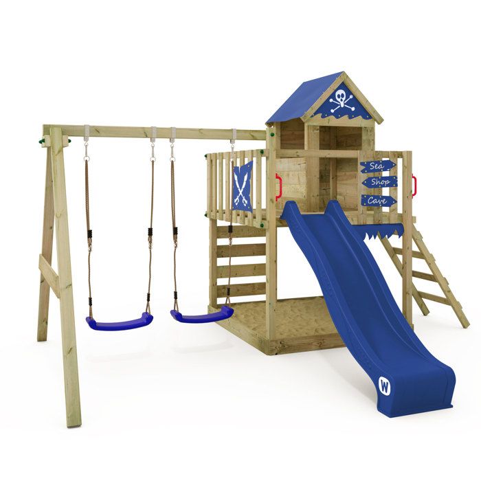 WICKEY Aire de jeux Portique bois Smart Cave avec balançoire et toboggan  bleu Cabane enfant exterieur avec bac à sable - Cdiscount Jeux - Jouets