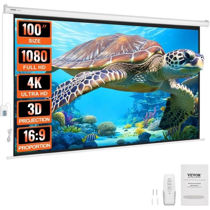 Écran Projection Motorisé 60 Pouces 16:9 - 4K HD, Télécommande, Rétractable Automatique
