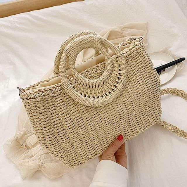 panier de rangement en osier,beige-35x10x20cm--sac'été en paille pour femmes, sac de plage fait à la main en raphia, sacs circulaire