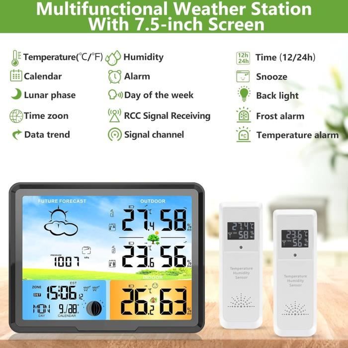 Station météo sans fil Dww avec 2 capteurs extérieurs, radio-horloge Dcf  Alarmes intérieures et extérieures Température de l’air et humidité