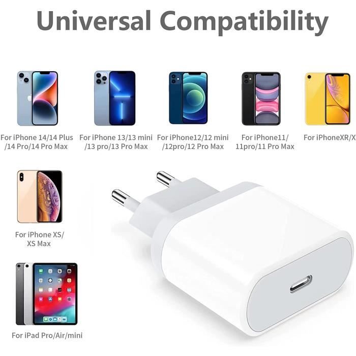 Chargeur Rapide iPhone, Chargeur USB C Rapide 20W avec USB C Câble Chargeur  iPhone pour iPhone 14/14 Plus/14 Pro/14 Pro Max/13/12/11/XR/XS/X/8/7, i-Pad  : : High-Tech