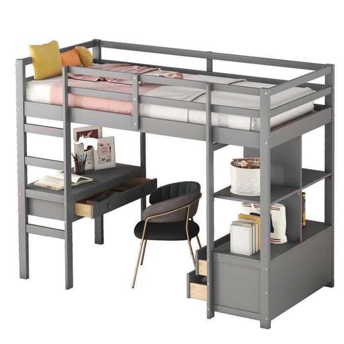 Lit Mezzanine Enfant Avec Armoir - 90 X 200 -avec Bureau - 4 Rangements Dans Lescalier Bois Massif Blanc 1