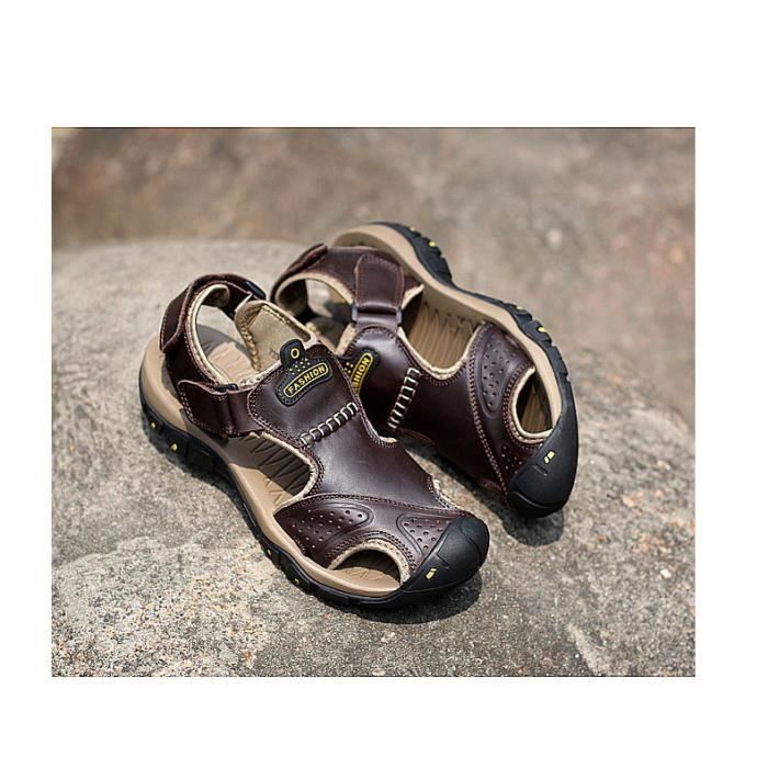 Sandales Homme Été En Cuir Véritable - Semelle Antidérapante Confortable, Sandales Cuir Respirantes Pour Plage Et Quotidien