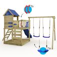 WICKEY Aire de jeux Portique bois Smart Cave avec balançoire et toboggan bleu Cabane enfant extérieure avec bac à sable-2