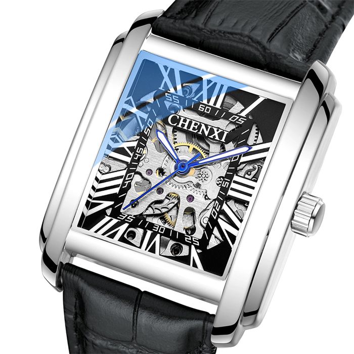 Montre Sport Homme Sharp Bicolore - Cadran Bleu, Bracelet Cuir, Mécanique à Remontage Manuel