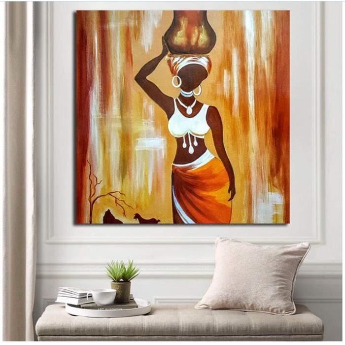 Tableau Toile Femme Africaine - Art Mural Ethnique Sur Châssis Bois - Prêt à Accrocher - Déco élégante