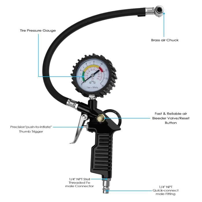 Pistolet Gonflage Pneu 220 PSI Avec Manomètre Numérique Haute Précision – Pour Voiture, Moto, Vélo, Camion, Compresseur Air, Gonflage Rapide & Sûr