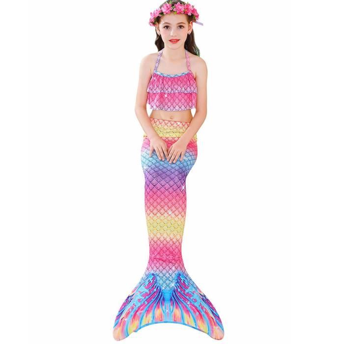 6PCS Ariel Deguisement Sirène Fille Queue de Sirène Enfant avec Monopalme  Petite Sirene Fille Maillot de Bain