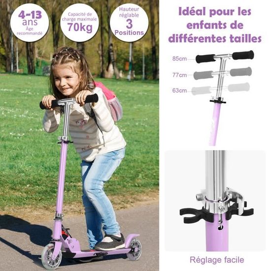 Trottinette Pliable GOPLUS – 2 Roues LED, Hauteur Réglable 63-86 Cm – Enfant 4-13 Ans, Charge 70 Kg