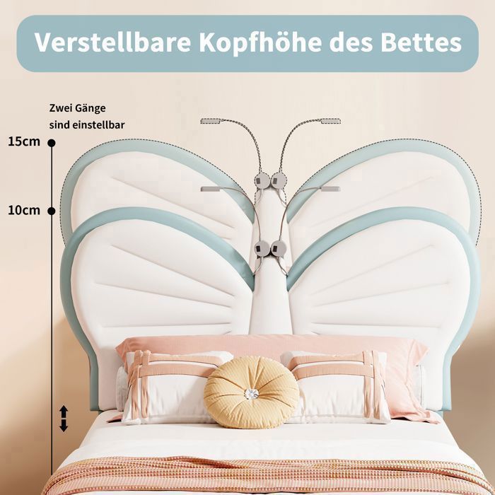 Lit Enfant 90x200 Avec LED Réglable - Tête De Lit En Nœud Papillon Capitonné, Velours, Sans Matelas