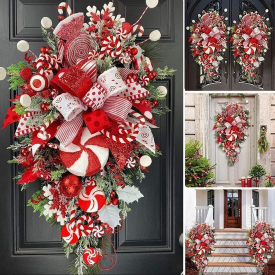 Couronne De Noël En Forme De Larme - 50x30 Cm - Motif Boules Rouges/dorées Et Magnolia - Pour Porte, Fenêtre, Mur Extérieur