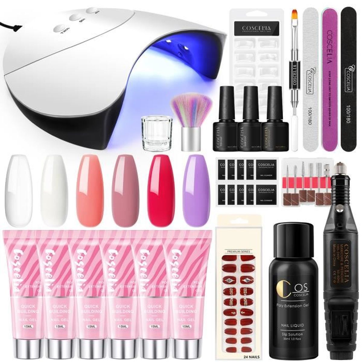 COSCELIA Manucure Kit de 36W Nail Lampe UV LED 6 Couleurs Poly Gel