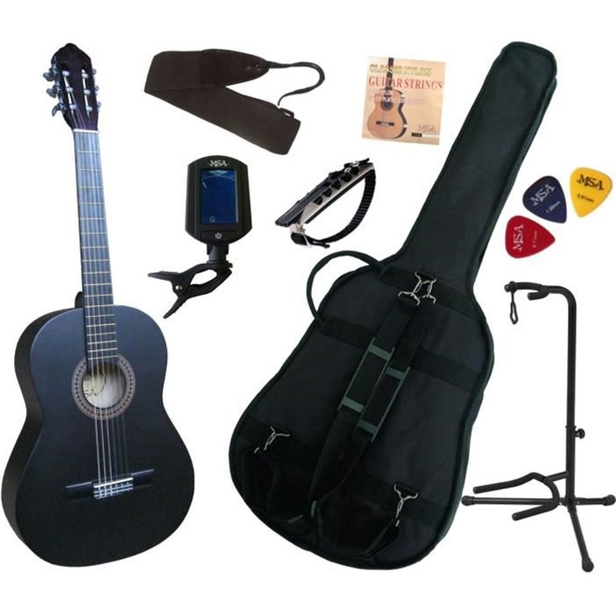 Guitare à 4 Cordes En 7 Lettres Pack Guitare Classique 4/4 Noire Mat Avec 7 Accessoires ~ Neuve