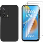 CHICHENG 1X Coque OPPO A74 4G+2X Verre trempé Sans Bulles Souple Silicone TPU Anti Rayures de Protection Noir S