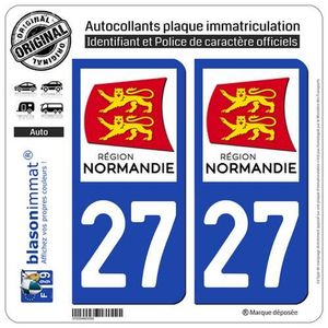 2 STICKERS 27 style IMMATRICULATION AUTO Département 27 Région NORMANDIE