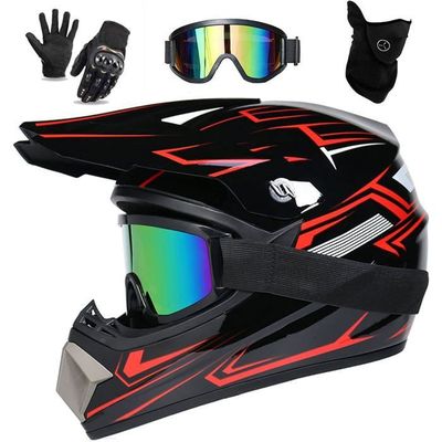 Casque Cross Intégral Homme/Enfant – Noir Mat, 4 Tailles Doublure (S-XL), Avec Lunettes, Gants, Masque – VTT, Moto Cross, Scooter, Ski