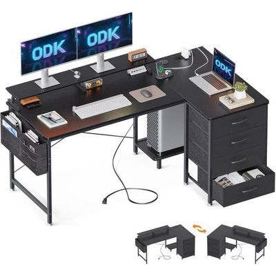Bureau Gaming ODK 140cm Avec 4 Tiroirs - Prise USB Et Electrique Integrée - Plateau Clavier Coulissant - Noir
