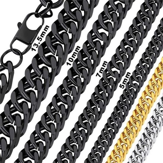 Chaîne Collier Homme Bandmax - Acier Inoxydable 316L - 7mm De Large - Longueur Réglable 46 à 76 Cm - Or, Noir Ou Argent - 10