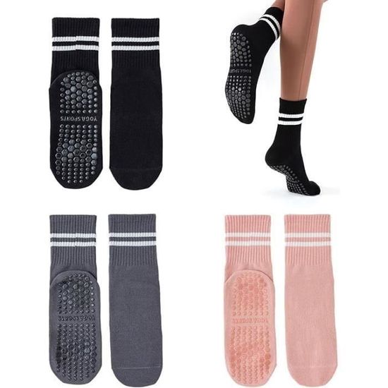 3 Paires Chaussettes Yoga Antidérapantes Femme - Taille Unique 36-40 - Rose/Noir/Gris