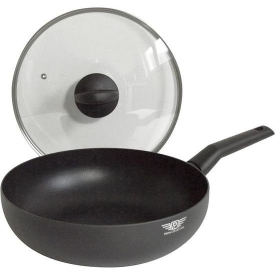 BEZIA Wok Induction 30 Cm Anti-Adhésif Granit + Couvercle - Poêle Wok Poignée Bois Amovible, Four 240°C, Tous Feux