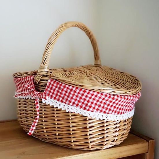 Panier De Pique-nique Ovale En Osier Naturel - Doublure Amovible Vert Fougère à Pois - Fabriqué Main