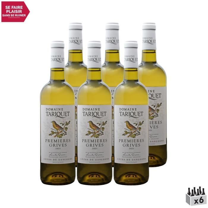 Côtes de Gascogne Premières Grives Blanc 2021 - Lot de 6x75cl - Domaine Tariquet - Vin IGP Blanc du Sud-Ouest - Cépage Gros Manseng