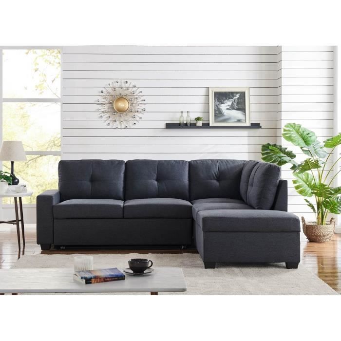 Canapé d’angle convertible avec coffre de rangement en tissu gris anthracite ORION - Angle Droit
