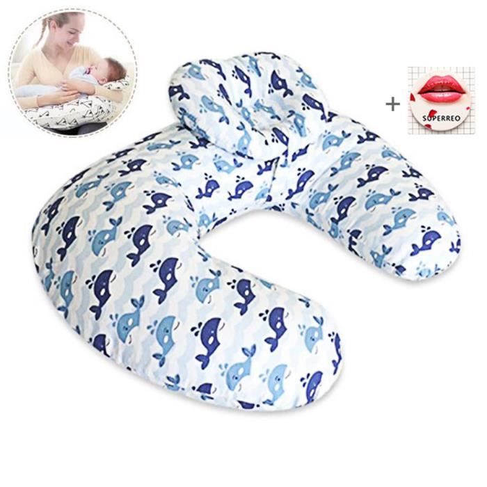 Coussin d'Allaitement et de Grossesse pour Dormir Maternité Bebe, Amovible et Lavable Oreiller de Corps en Coton, Baleine bleu