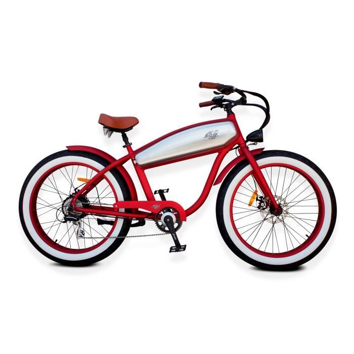 Outlaw - Rouge métallisé et Inox - 250W-10Ah - Vélo Électrique Cruiser Vintage Retro Chopper