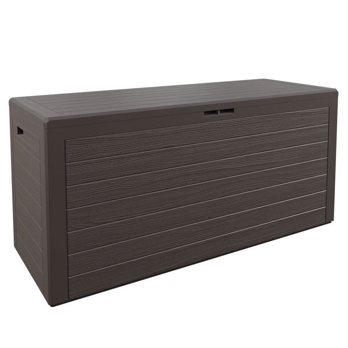 Coffre de rangement 300 Litres 120x46x57 cm Aspect bois Poignées latérales Malle de rangement Jardin Terrasse Balcon