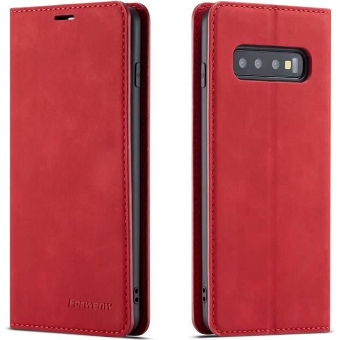 Coque Samsung Galaxy S10, Housse en Cuir Premium Flip Case Portefeuille Étui Coque Stand Support -Rouge
