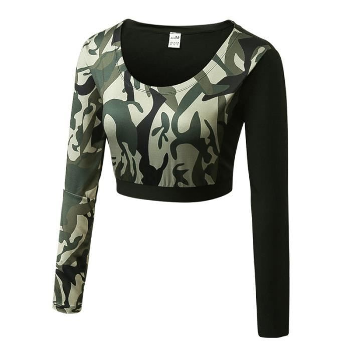 Maillot Courte T-Shirt Compression Manches Longue Femme de Fitness Femme Camouflage Collant