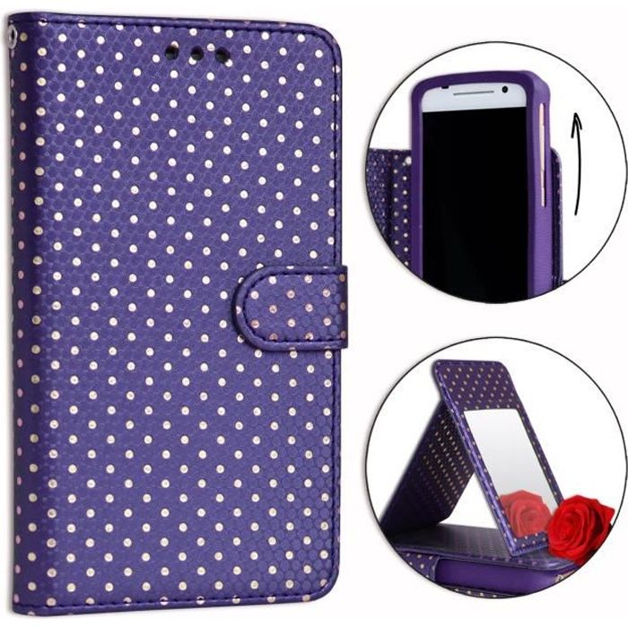 PH26® Etui housse folio violet à pois dorés pour Thomson Serea 405 en éco-cuir avec porte cartes, miroir et surpiqures apparentes