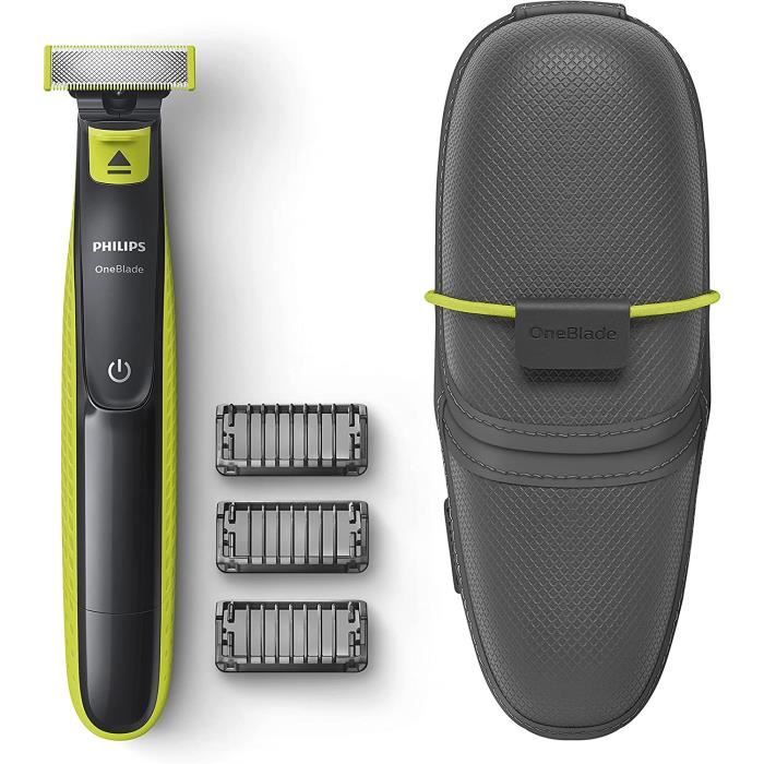 PHILIPS ONEBLADE QP2520/65 Rasoir/ Tondeuse à barbe 3 sabots avec un étui - Autonomie 45 minutes - 2 W - Noir