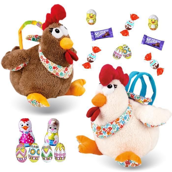2 sacs peluches poules garnis de 20 chocolats de Pâques et de Kinder Schokobons