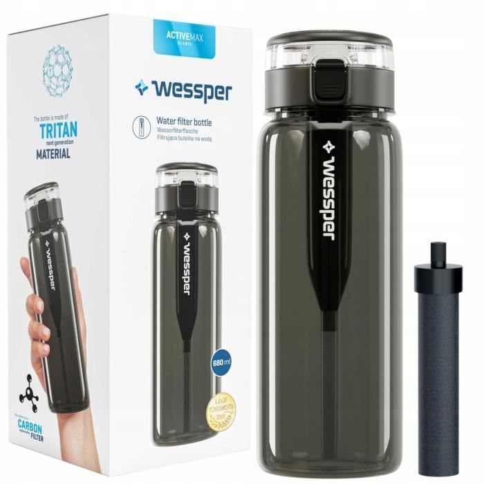 Gourde Wessper ActiveMax Clarti, Bouteille filtrant l'eau, en tritan, sans BPA, flacon avec embout 680ml, vert + 1 filtre