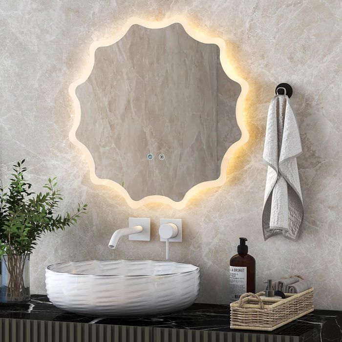 Miroir De Salle De Bain LED 120x60 Cm - 3 Couleurs De Lumière, Intensité Variable, Anti-buée, Design Asymétrique