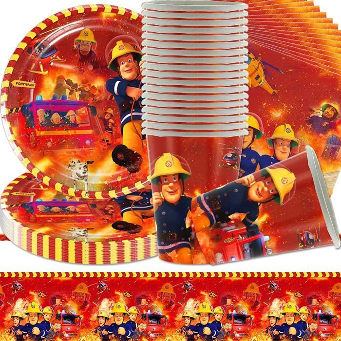JWTRSVTY Coffret Anniversaire Pompier – 68 Pièces : 6 Porte-clés, 6 Sacs Corde, 6 Camions Jouets, 50 Autocollants – Thème Feu