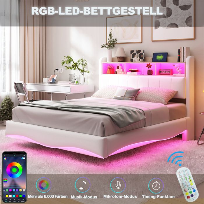 Lit Double 140x200 avec Sommier et Rangement Lit 2 Personnes pour Adulte avec Bandes LED Ports USB et Type-C Tissu Lin Beige
