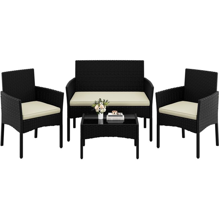 Yaheetech Salon de Jardin 4 Personnes en Polyrotin et Métal avec Coussin Table Basse Noir/Beige Yaheetech Salon de Jardin 4 Personnes en Polyrotin et Métal avec Coussin Table Basse Noir/Beige