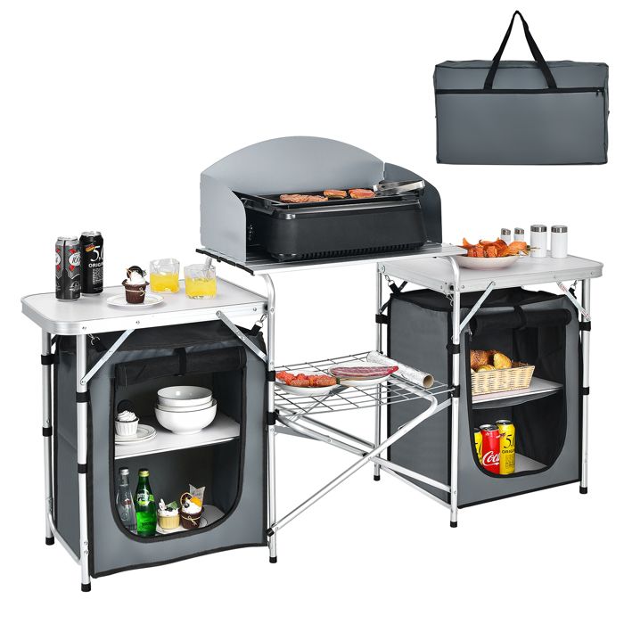 COSTWAY Table de Jardin Pliable Etagère de Rangement Protection Pare-Brise Sac de Transport pour Camping Pique-Nique Festival