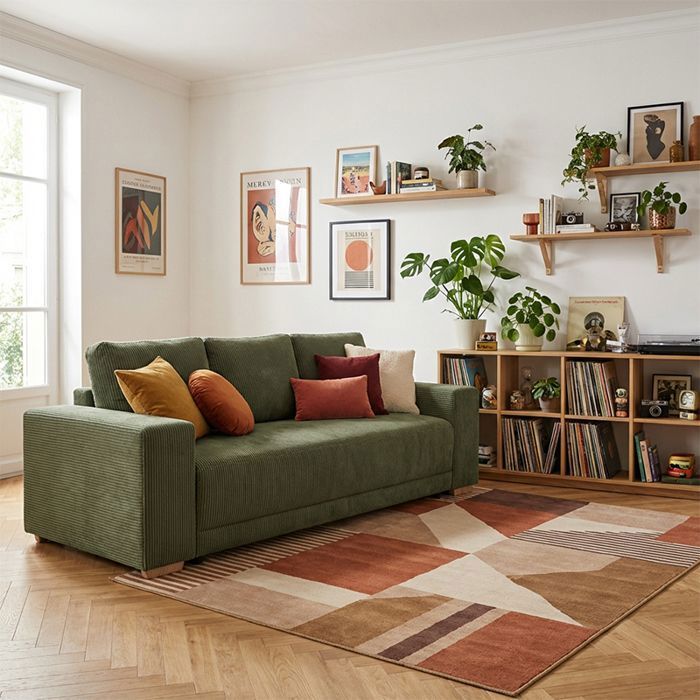 VEGA Canapé droit reversible convertible Vert KAKI (velours côtelé ) - Taille S - 3 places - 249 x 89 x 85