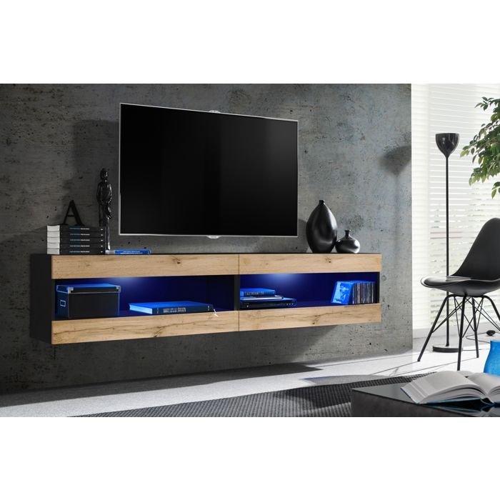 Meuble TV Komodee TIVOLI SET4 - LED Bleues - Espace ouvert Noir Wotan 35 x 200 x 41 cm Meuble TV Komodee TIVOLI SET4 - LED Bleues - Espace ouvert Noir Wotan 35 x 200 x 41 cm