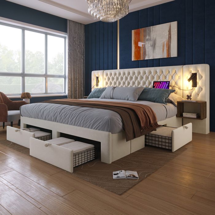 Lit TRUXEN8 - 180x200 cm - Velours Beige - 4 Tiroirs - Ports USB et Type C