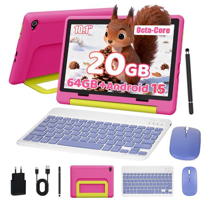 Tablette Enfant 10'' Robuste avec Contrôle Parental 20Go RAM+64Go HD 1280x800 Android 15 avec Clavier Souris et Stylet Rose