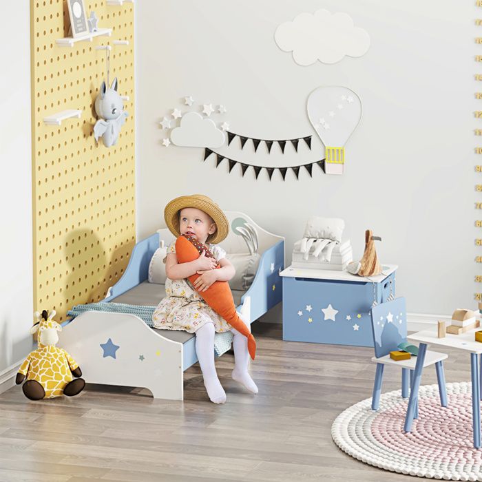 Lit pour enfants de 3 à 6 ans design étoiles sommier à lattes inclus chambre moderne 143 x 74 x 59 cm bleu blanc