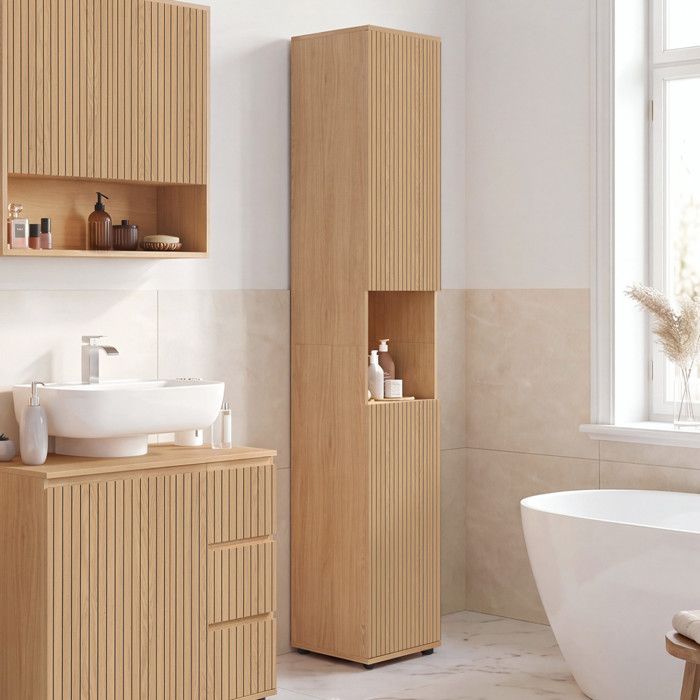 IDMARKET Meuble colonne salle de bain VICTOR 2 portes 1 niche effet lattes