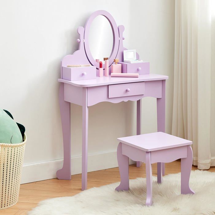LUNSY - Ensemble coiffeuse en bois pour enfants avec tabouret - miroir réglable et tiroir - 97 x 60 x 30 cm - Violet